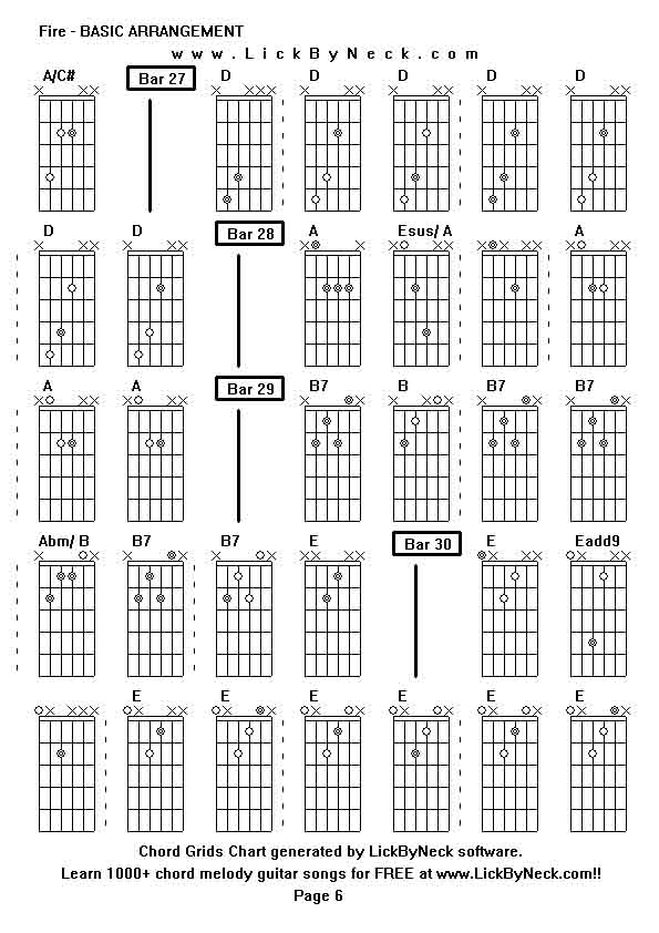 Chord Grids Chart of chord melody fingerstyle guitar song-Fire - BASIC ARRANGEMENT,generated by LickByNeck software.